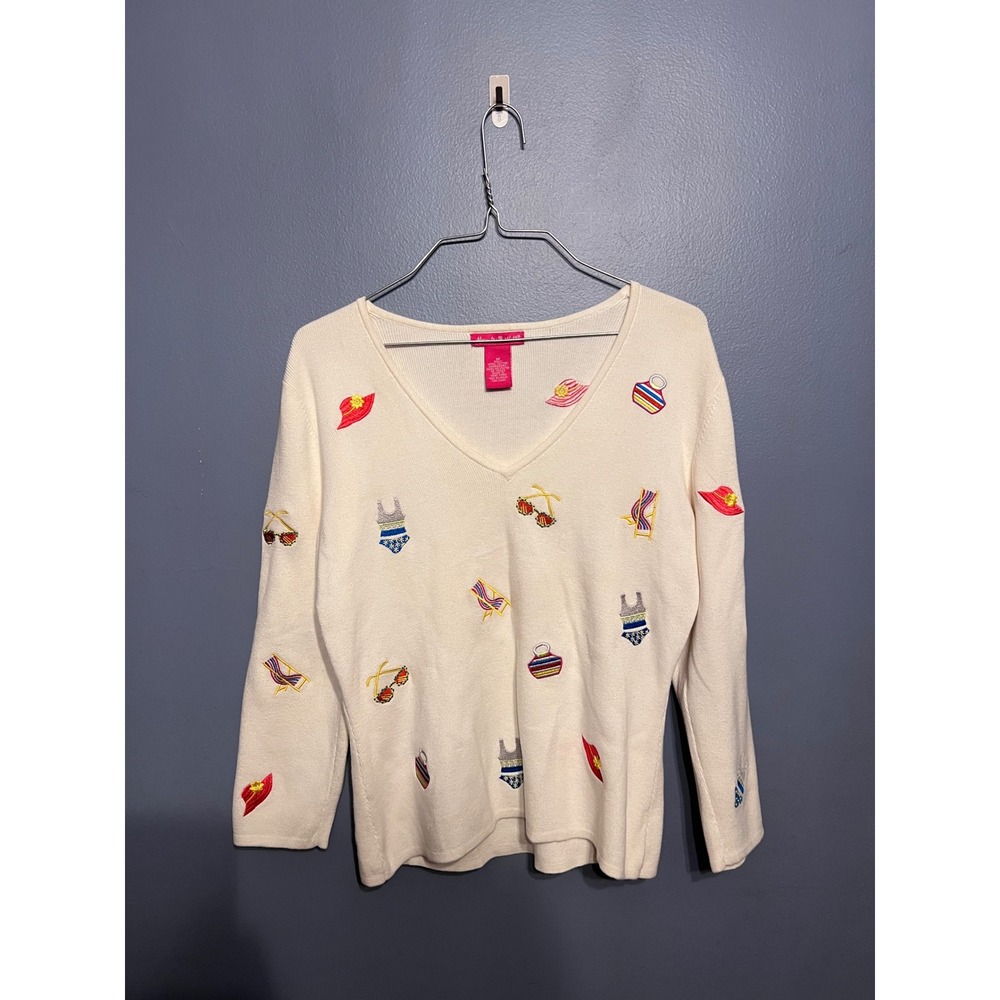 Alexandra Bartlett Embroidered White 3/4 Sleeve Sweater Summer Themed Size Med